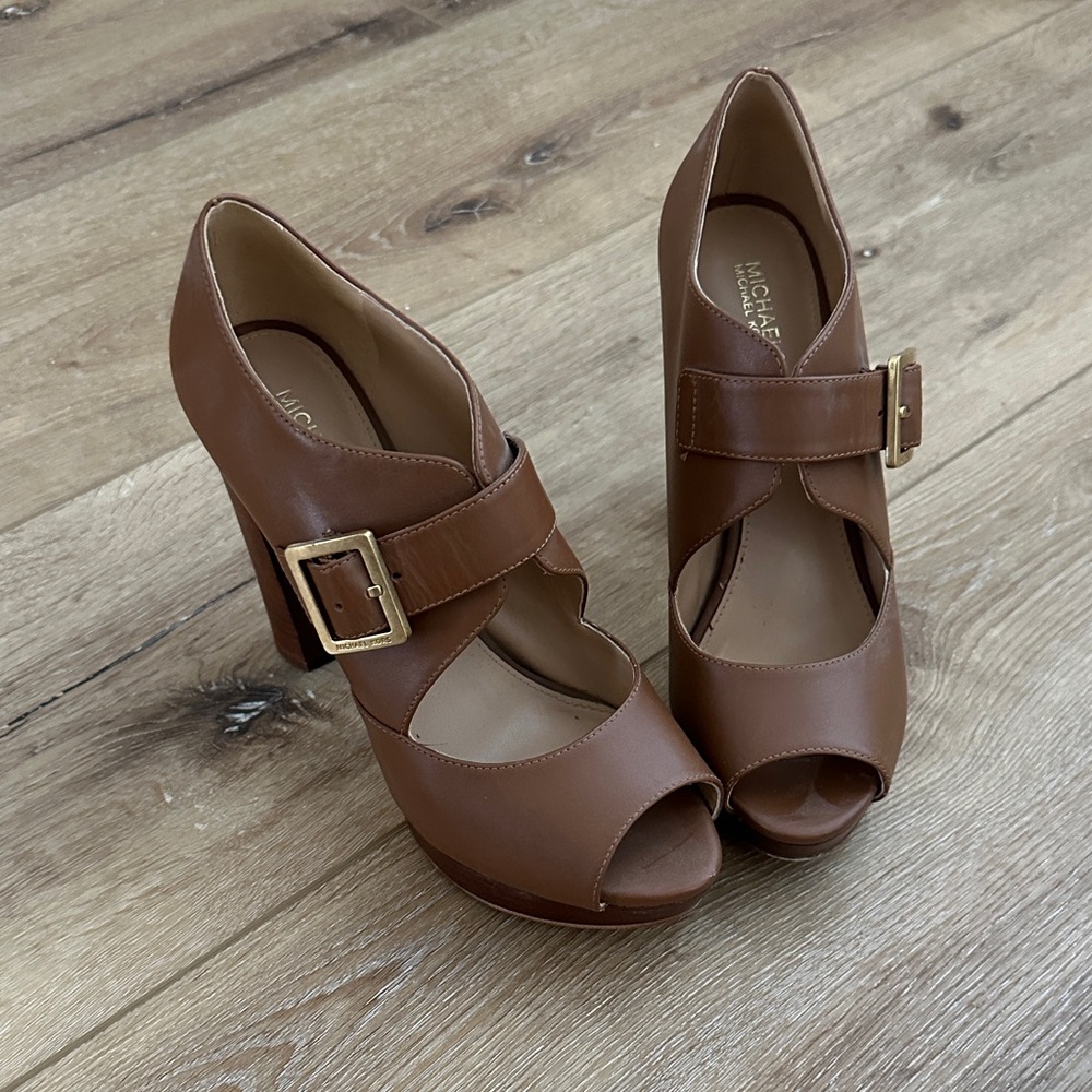 Michael Kors Tan Peep Toe Heels with Buckle